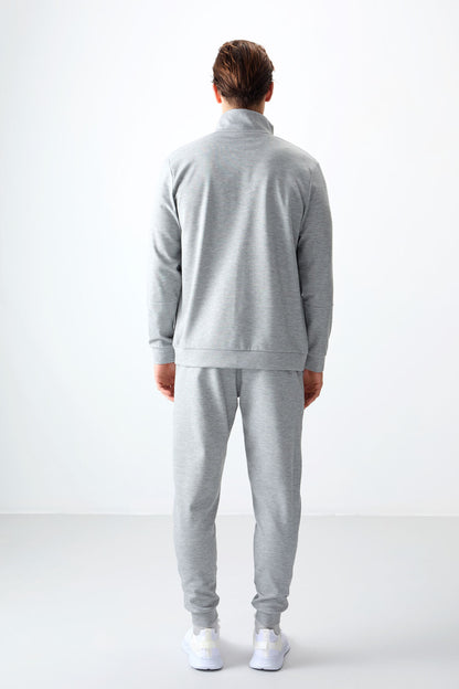 Grey Melange Textured Surface Standard Fit Embroidered Men's Tracksuit Set - 85248