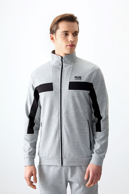 Grey Melange Textured Surface Standard Fit Embroidered Men's Tracksuit Set - 85248
