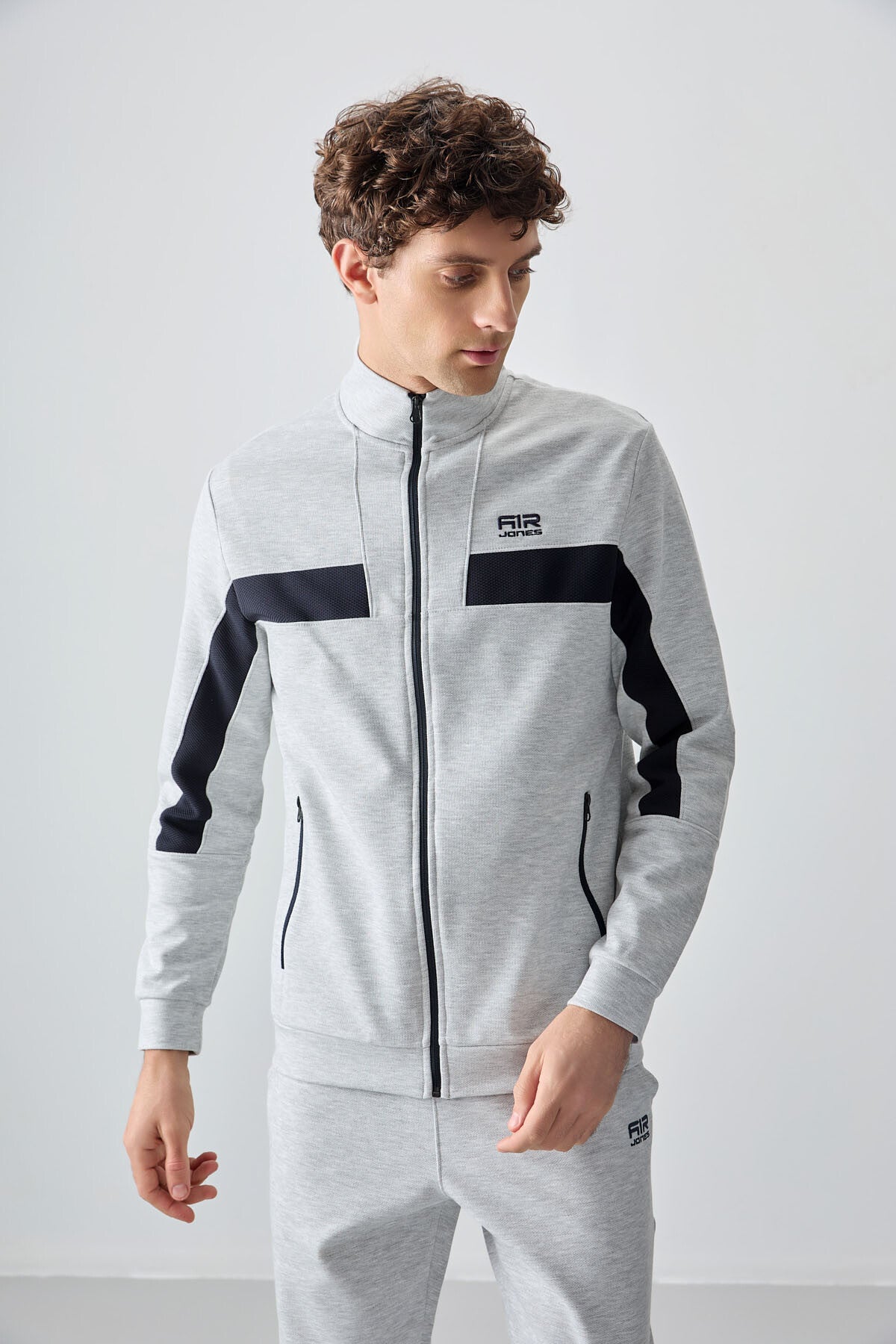 Textured Gray Surface Standard Fit Embroidered Men's Tracksuit Set - 85248