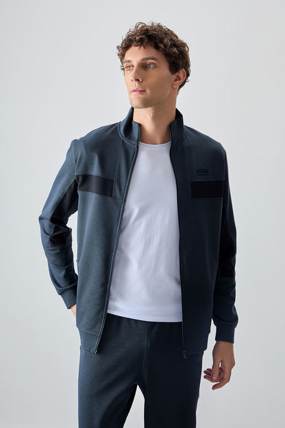 Indigo Textured Surface Standard Fit Embroidered Men's Tracksuit Set - 85248