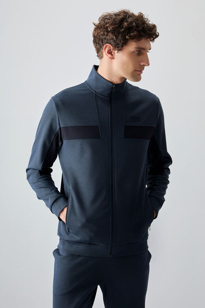 Indigo Textured Surface Standard Fit Embroidered Men's Tracksuit Set - 85248
