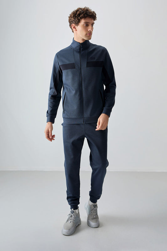 Indigo Textured Surface Standard Fit Embroidered Men's Tracksuit Set - 85248