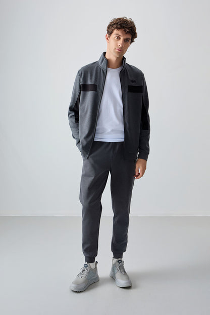 Dark Grey Textured Surface Standard Fit Embroidered Men's Tracksuit Set - 85248