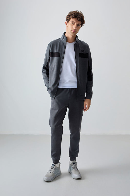 Dark Grey Textured Surface Standard Fit Embroidered Men's Tracksuit Set - 85248