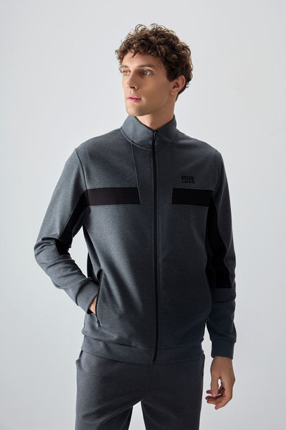 Dark Grey Textured Surface Standard Fit Embroidered Men's Tracksuit Set - 85248