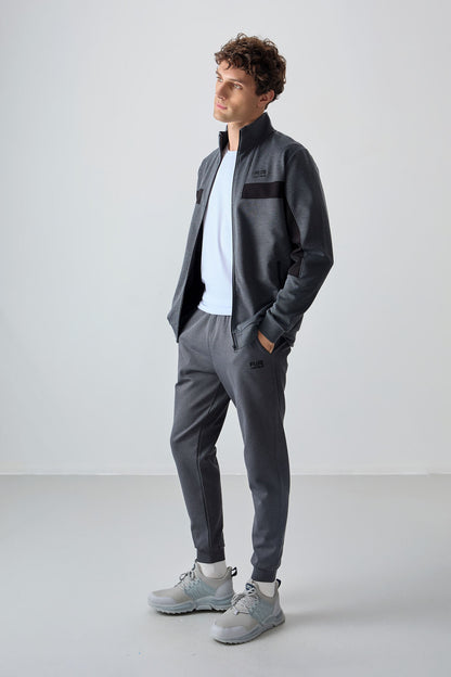 Dark Grey Textured Surface Standard Fit Embroidered Men's Tracksuit Set - 85248
