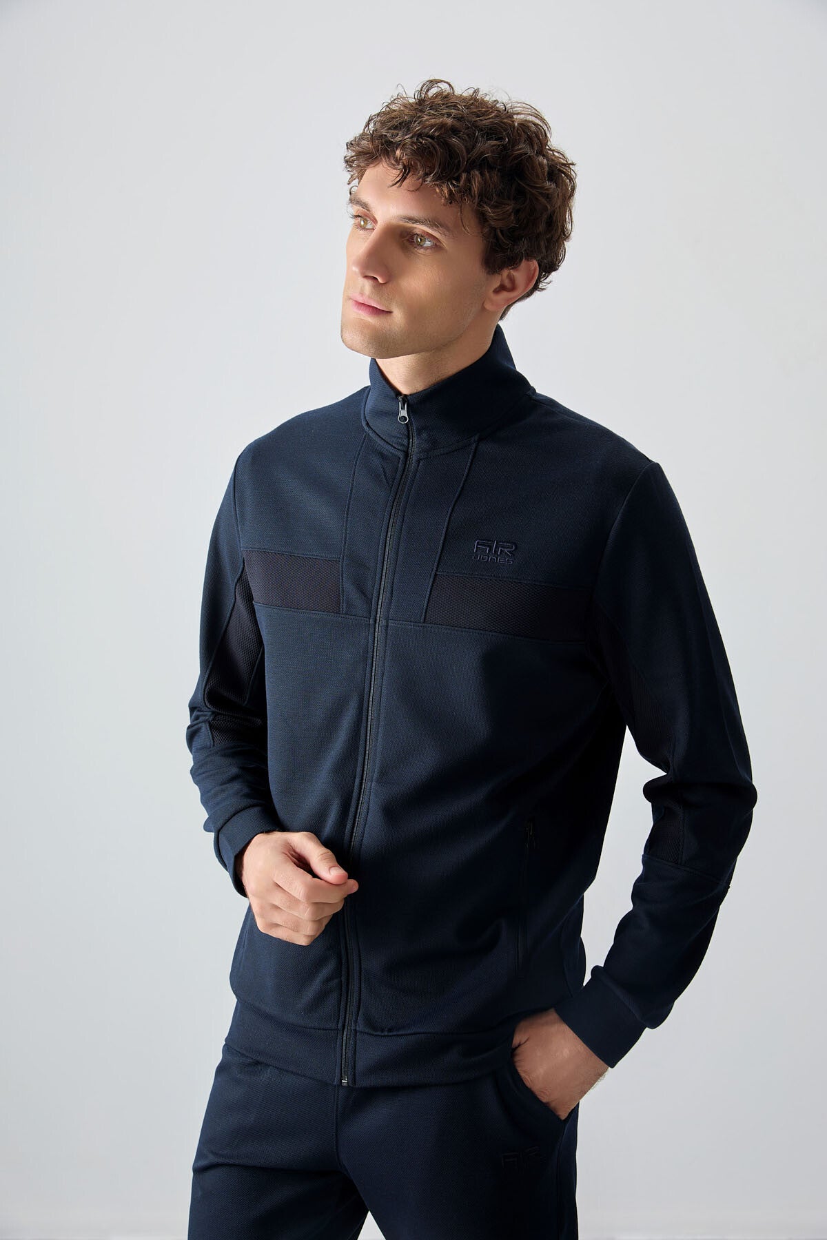 Navy Blue Textured Surface Standard Fit Embroidered Men's Tracksuit Set - 85248