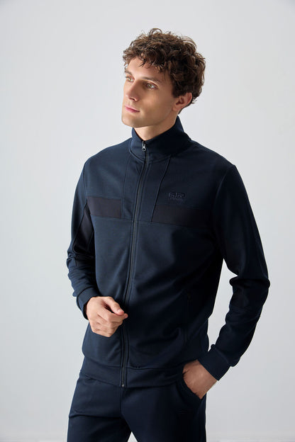 Navy Blue Textured Surface Standard Fit Embroidered Men's Tracksuit Set - 85248