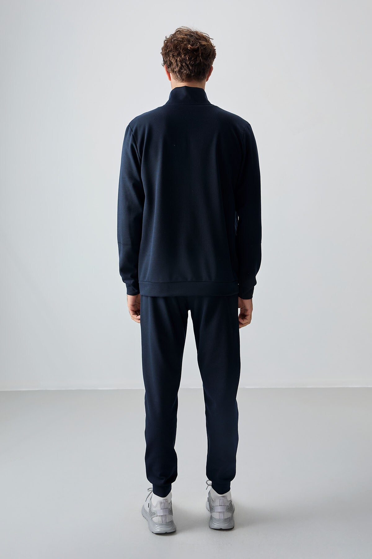 Navy Blue Textured Surface Standard Fit Embroidered Men's Tracksuit Set - 85248