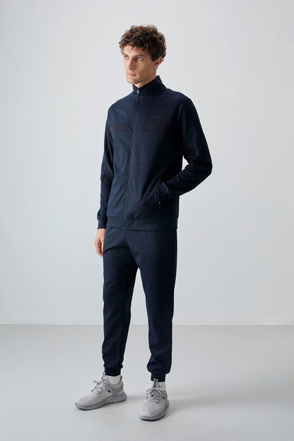 Navy Blue Textured Surface Standard Fit Embroidered Men's Tracksuit Set - 85248