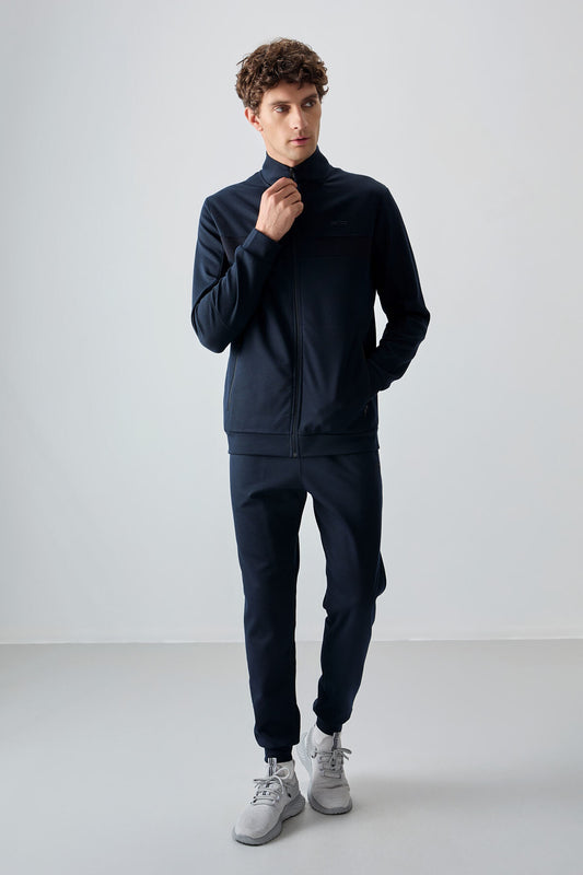Navy Blue Textured Surface Standard Fit Embroidered Men's Tracksuit Set - 85248