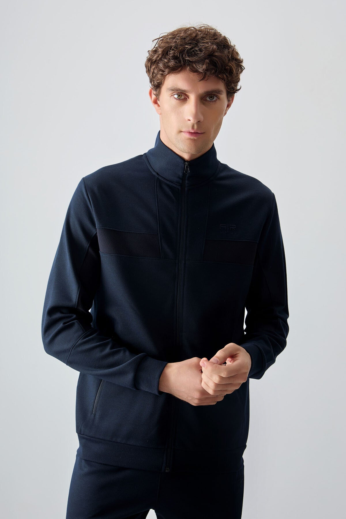 Navy Blue Textured Surface Standard Fit Embroidered Men's Tracksuit Set - 85248