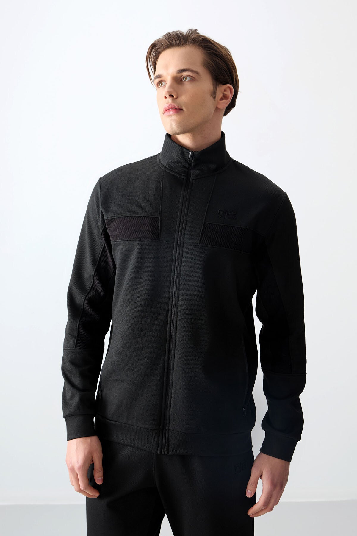 Black Textured Surface Standard Fit Embroidered Men's Tracksuit Set - 85248