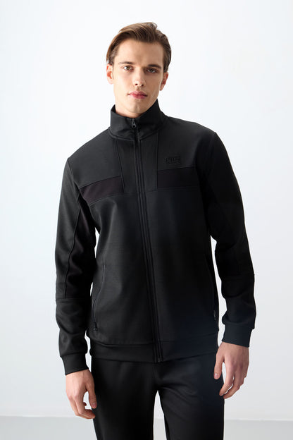 Black Textured Surface Standard Fit Embroidered Men's Tracksuit Set - 85248