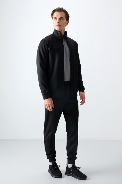 Black Textured Surface Standard Fit Embroidered Men's Tracksuit Set - 85248