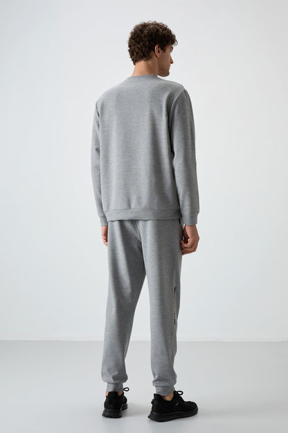 Grey Melange Cotton Thick Soft Textured Comfort Fit Printed Men's Tracksuit Set - 85239