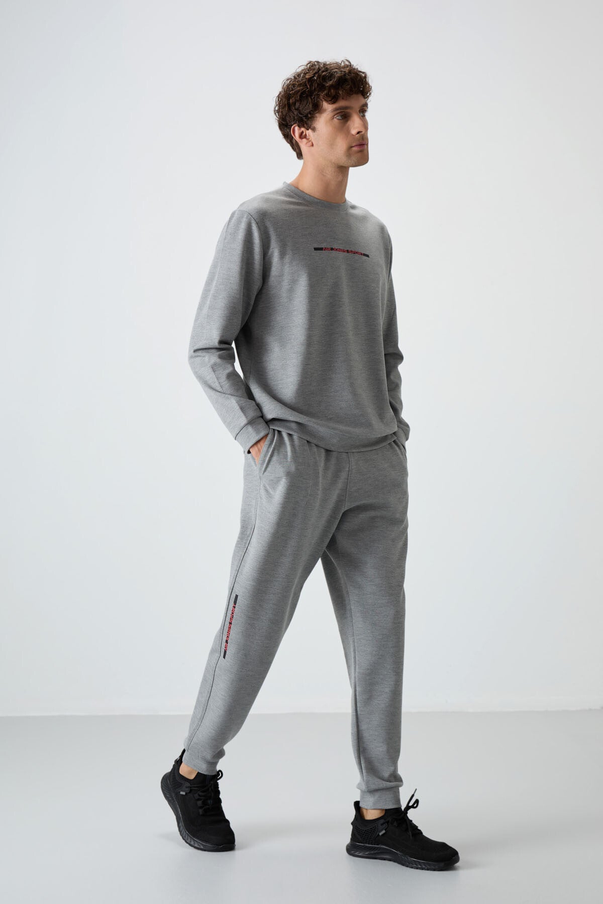 Grey Melange Cotton Thick Soft Textured Comfort Fit Printed Men's Tracksuit Set - 85239