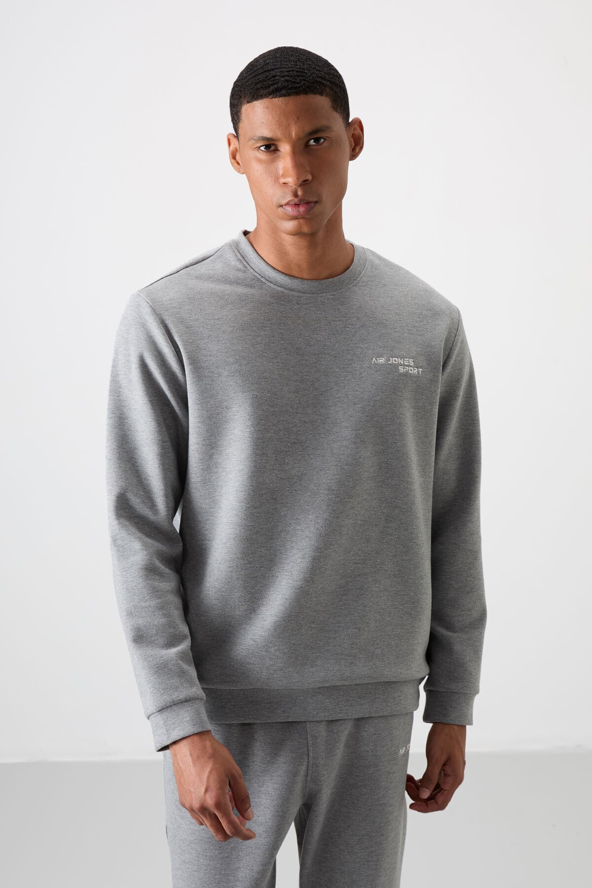 Grey Melange Cotton Thick Soft Textured Comfort Fit Embroidered Men's Tracksuit Set - 85254