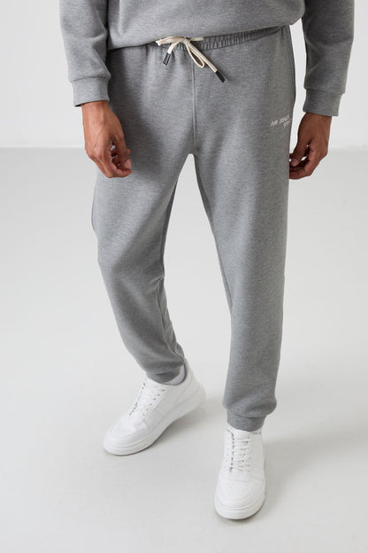 Grey Melange Cotton Thick Soft Textured Comfort Fit Embroidered Men's Tracksuit Set - 85254