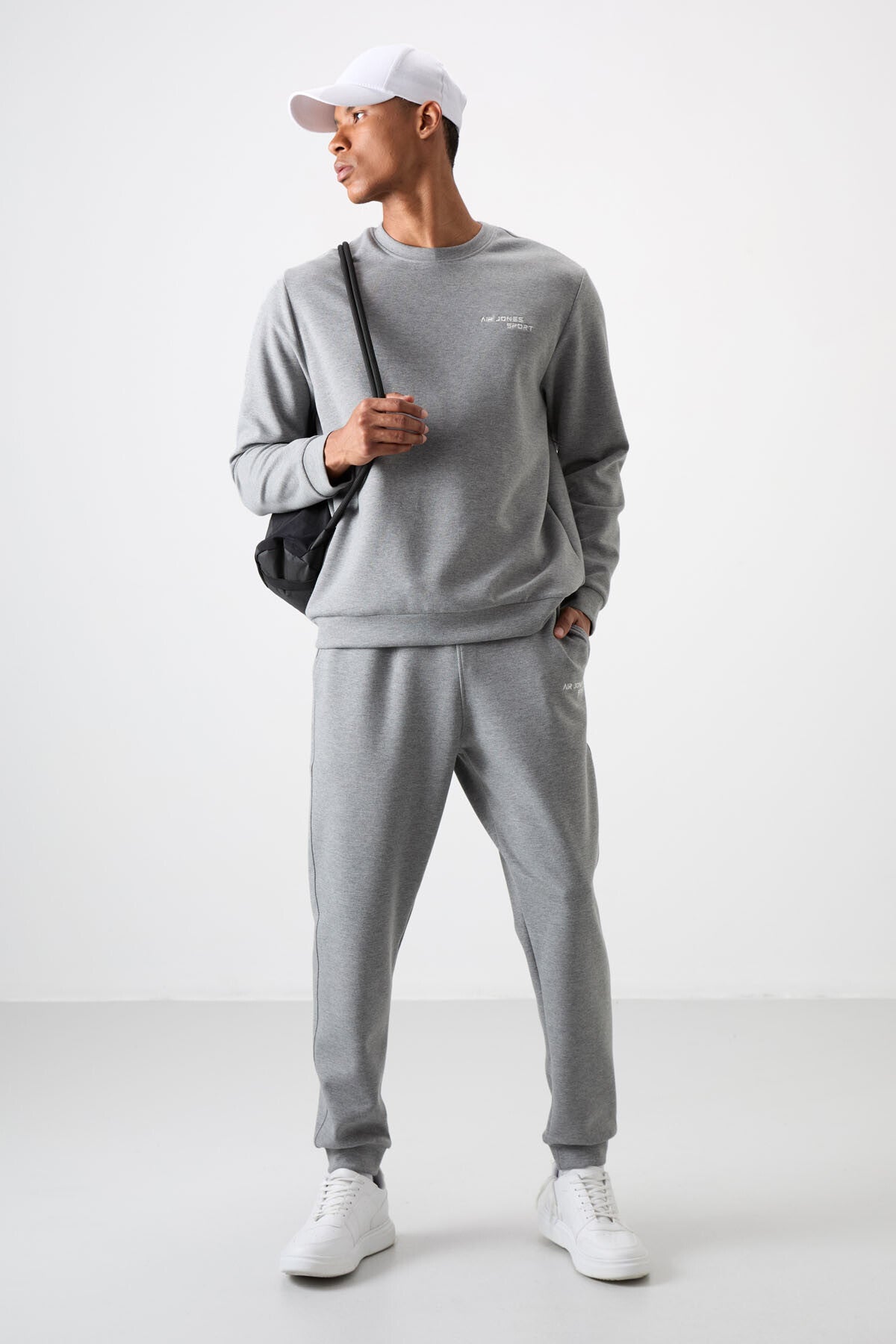 Grey Melange Cotton Thick Soft Textured Comfort Fit Embroidered Men's Tracksuit Set - 85254