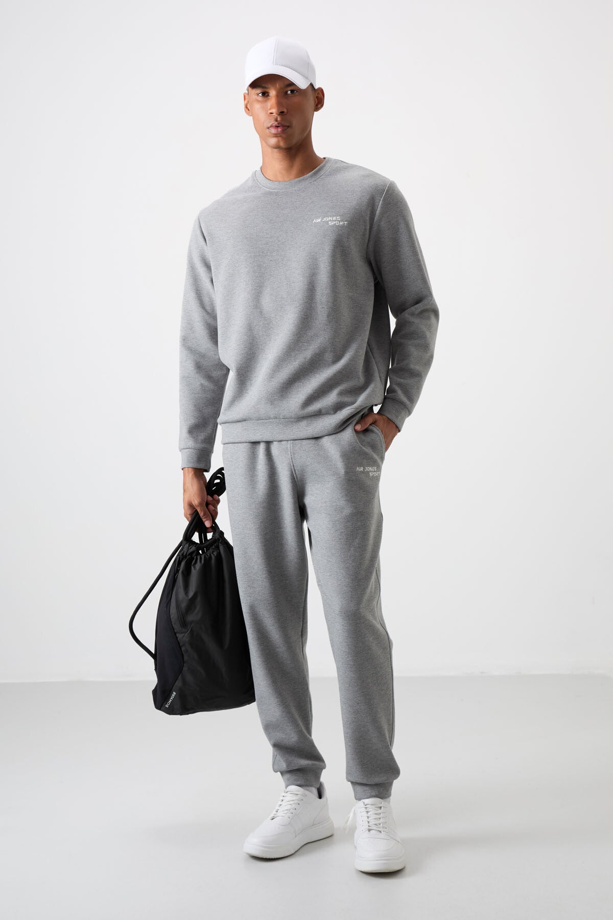 Grey Melange Cotton Thick Soft Textured Comfort Fit Embroidered Men's Tracksuit Set - 85254