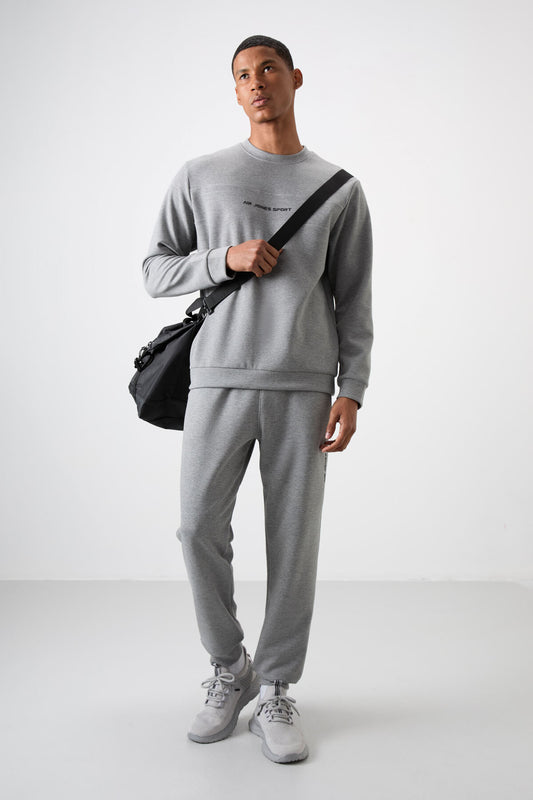 Grey Melange Cotton Thick Soft Textured Comfort Fit Printed Men's Tracksuit Set - 85253