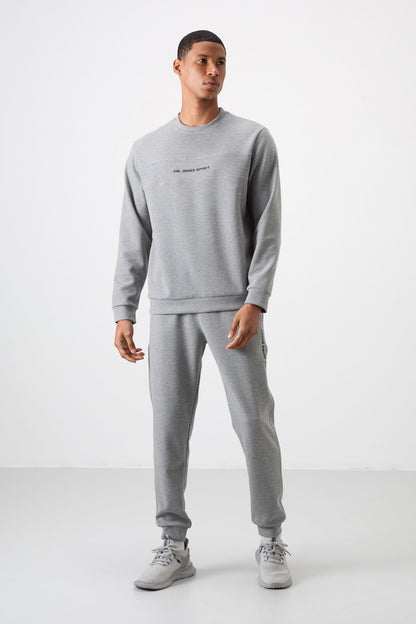 Grey Melange Cotton Thick Soft Textured Comfort Fit Printed Men's Tracksuit Set - 85253