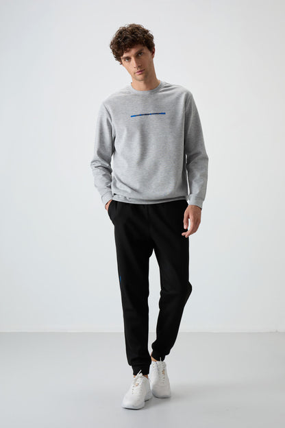 Grey Melange- Black Cotton Thick Soft Textured Comfort Fit Printed Men's Tracksuit Set - 85239