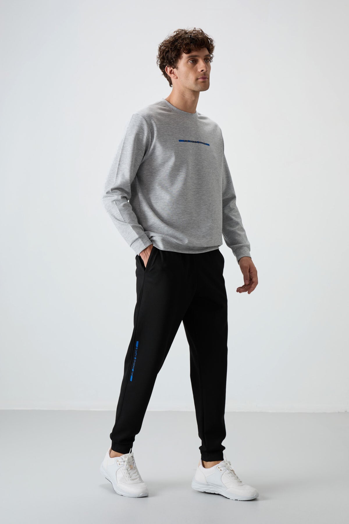 Grey Melange- Black Cotton Thick Soft Textured Comfort Fit Printed Men's Tracksuit Set - 85239