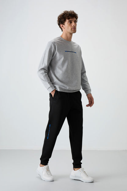 Grey Melange- Black Cotton Thick Soft Textured Comfort Fit Printed Men's Tracksuit Set - 85239