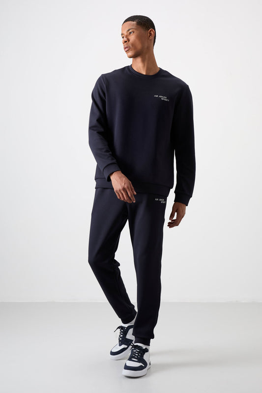 Navy Blue Cotton Thick Soft Textured Comfort Fit Embroidered Men's Tracksuit Set - 85254