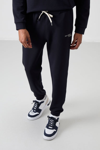Navy Blue Cotton Thick Soft Textured Comfort Fit Embroidered Men's Tracksuit Set - 85254