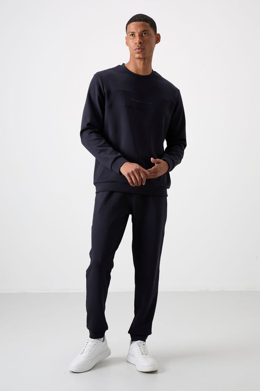 Navy Blue Cotton Thick Soft Textured Comfort Fit Printed Men's Tracksuit Set - 85253