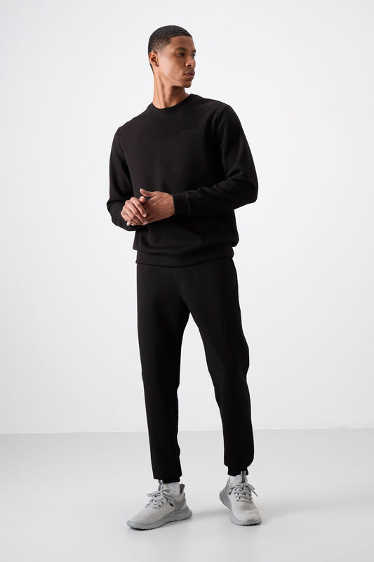 Black - Black Cotton Thick Soft Textured Comfort Fit Embroidered Men's Tracksuit Set - 85254