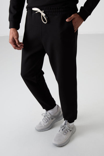 Black - Black Cotton Thick Soft Textured Comfort Fit Embroidered Men's Tracksuit Set - 85254