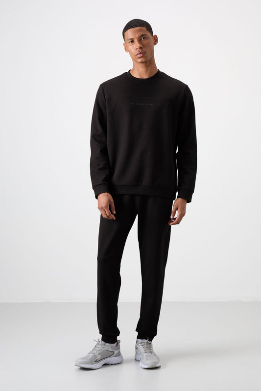 Black - Black Cotton Thick Soft Textured Comfort Fit Printed Men's Tracksuit Set - 85253