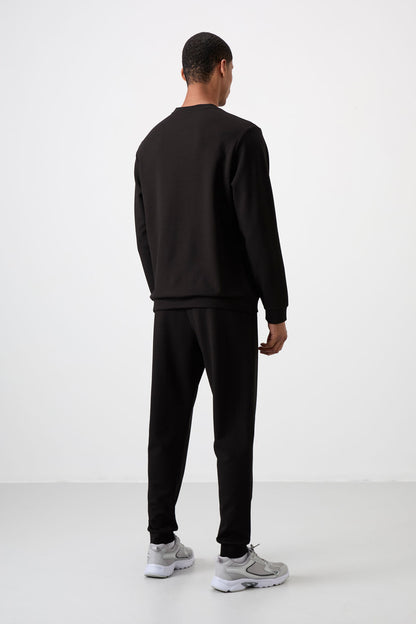Black - Black Cotton Thick Soft Textured Comfort Fit Printed Men's Tracksuit Set - 85253