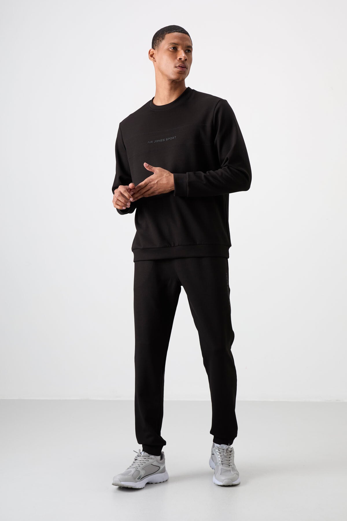 Black - Black Cotton Thick Soft Textured Comfort Fit Printed Men's Tracksuit Set - 85253