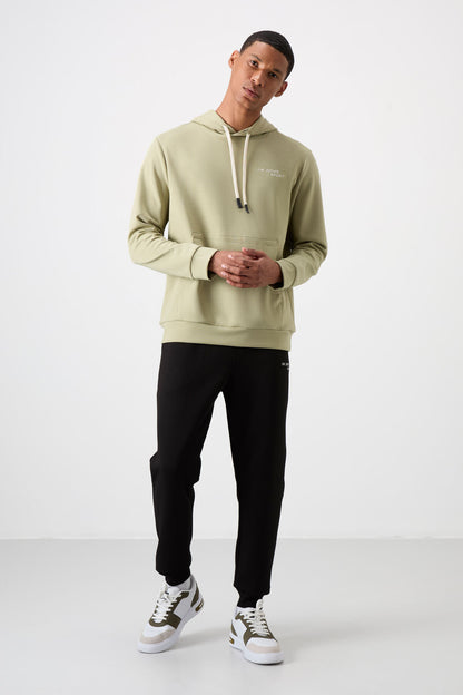 Khaki - Black Cotton Thick Soft Textured Comfort Fit Embroidered Men's Tracksuit Set - 85255