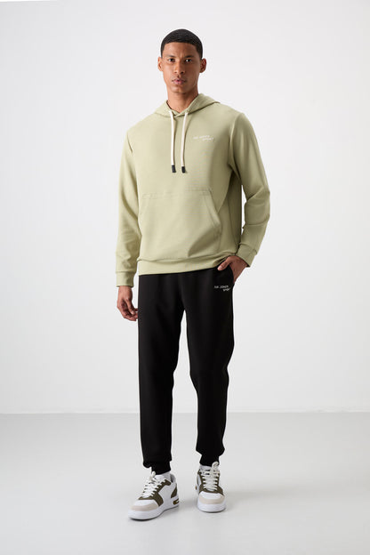 Khaki - Black Cotton Thick Soft Textured Comfort Fit Embroidered Men's Tracksuit Set - 85255