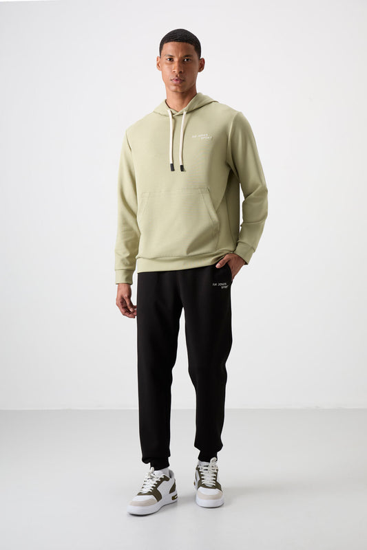 Khaki - Black Cotton Thick Soft Textured Comfort Fit Embroidered Men's Tracksuit Set - 85255