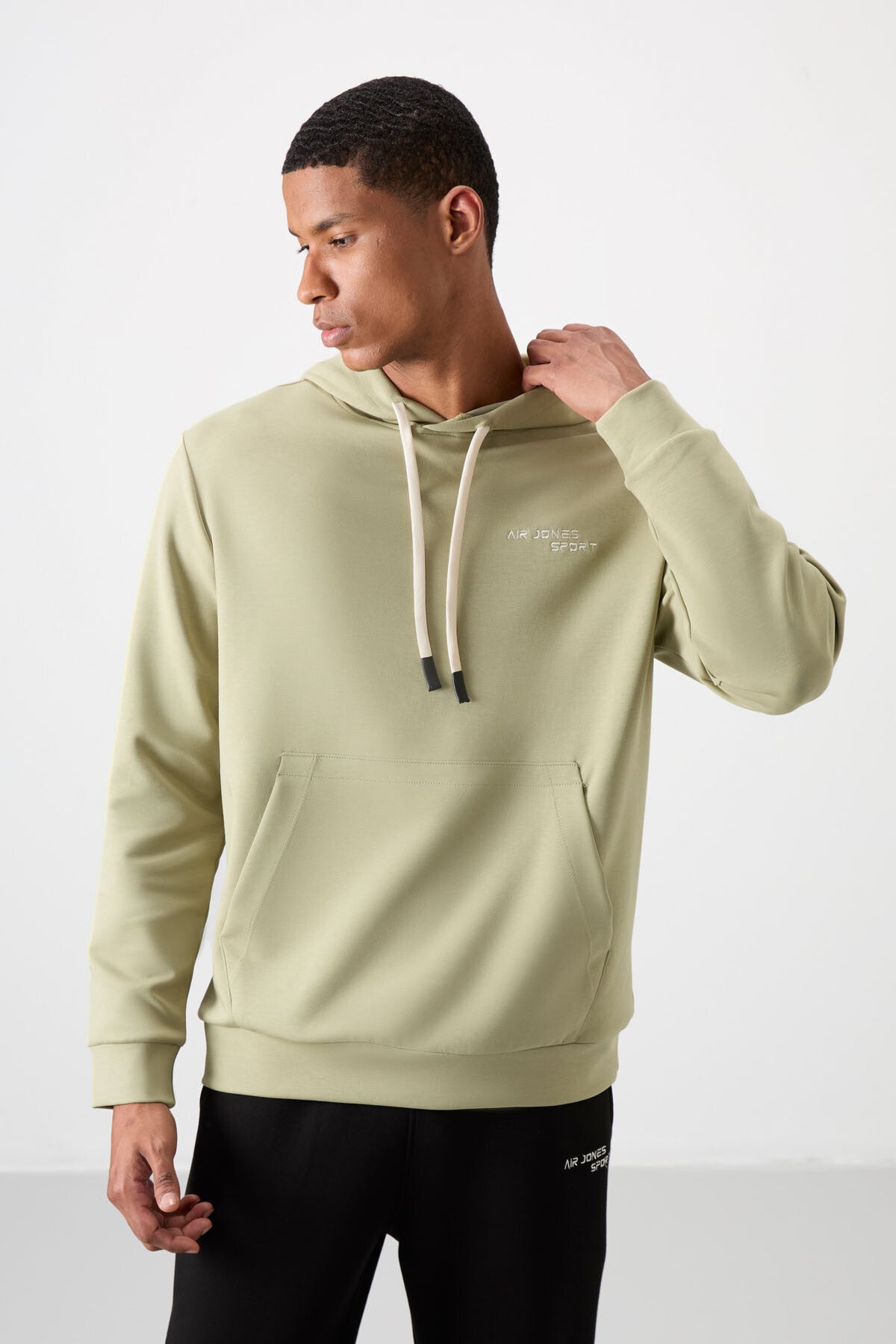 Khaki - Black Cotton Thick Soft Textured Comfort Fit Embroidered Men's Tracksuit Set - 85255