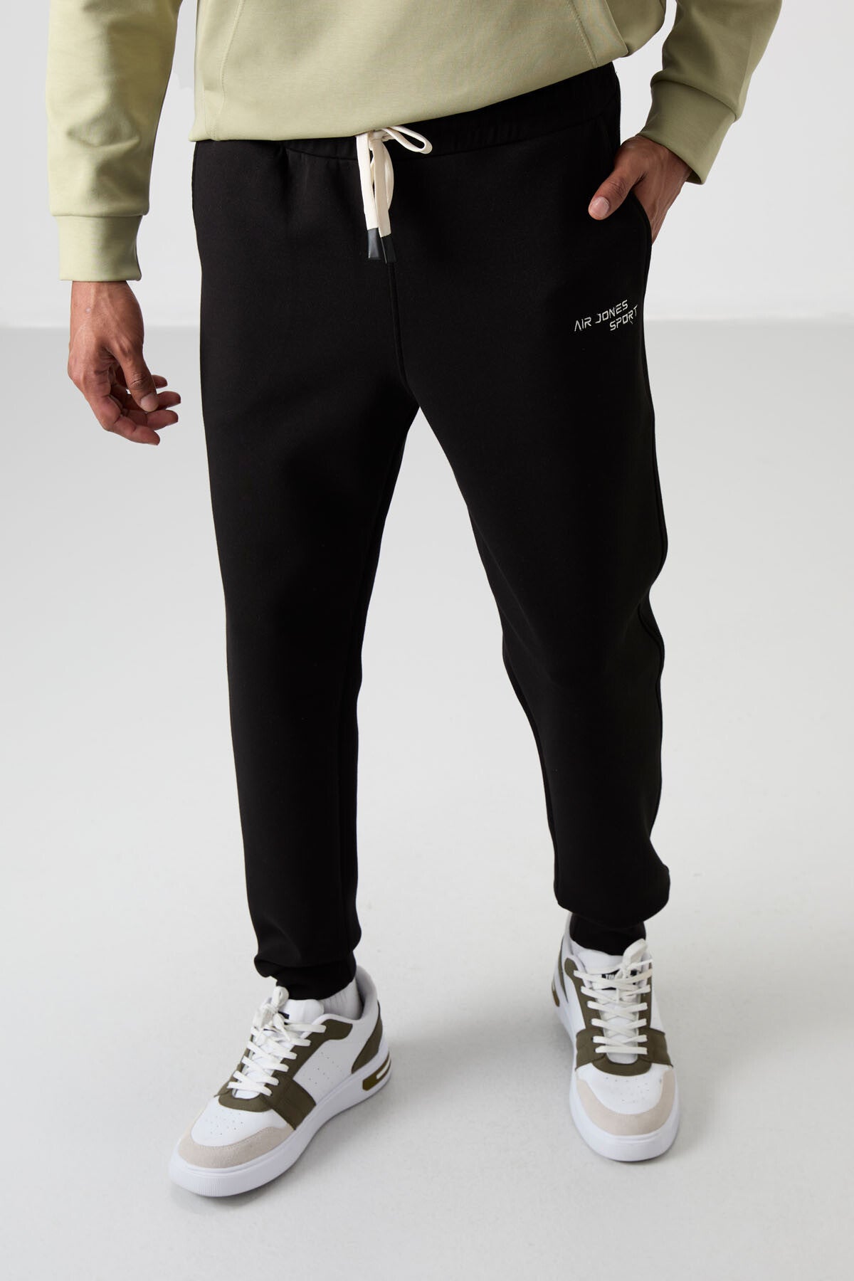 Khaki - Black Cotton Thick Soft Textured Comfort Fit Embroidered Men's Tracksuit Set - 85255