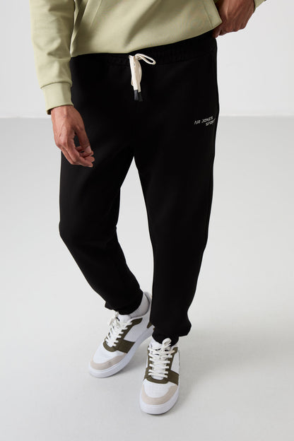 Khaki - Black Cotton Thick Soft Textured Comfort Fit Embroidered Men's Tracksuit Set - 85255