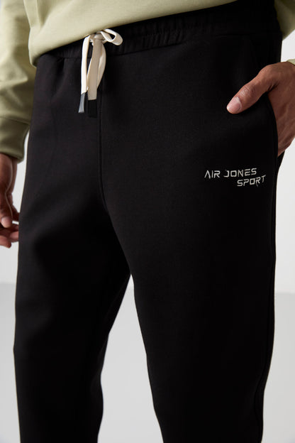 Khaki - Black Cotton Thick Soft Textured Comfort Fit Embroidered Men's Tracksuit Set - 85255
