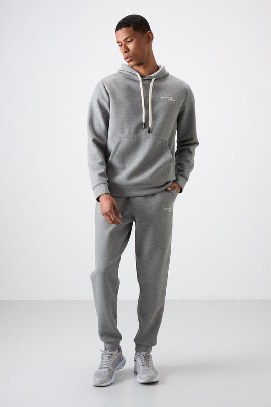 Grey Melange Cotton Thick Soft Textured Comfort Fit Embroidered Men's Tracksuit Set - 85255