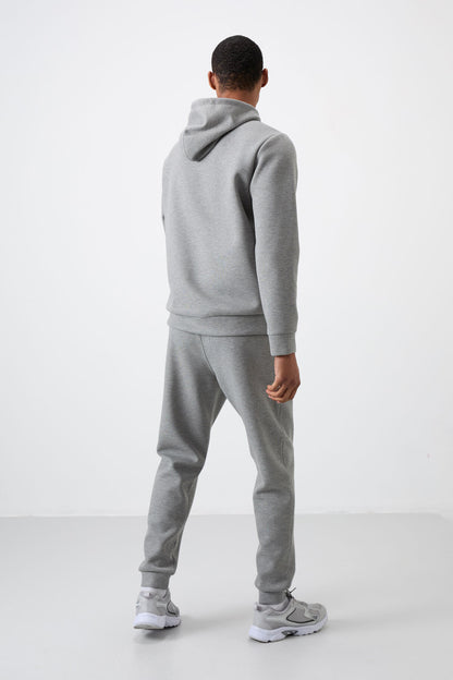 Grey Melange Cotton Thick Soft Textured Comfort Fit Embroidered Men's Tracksuit Set - 85255