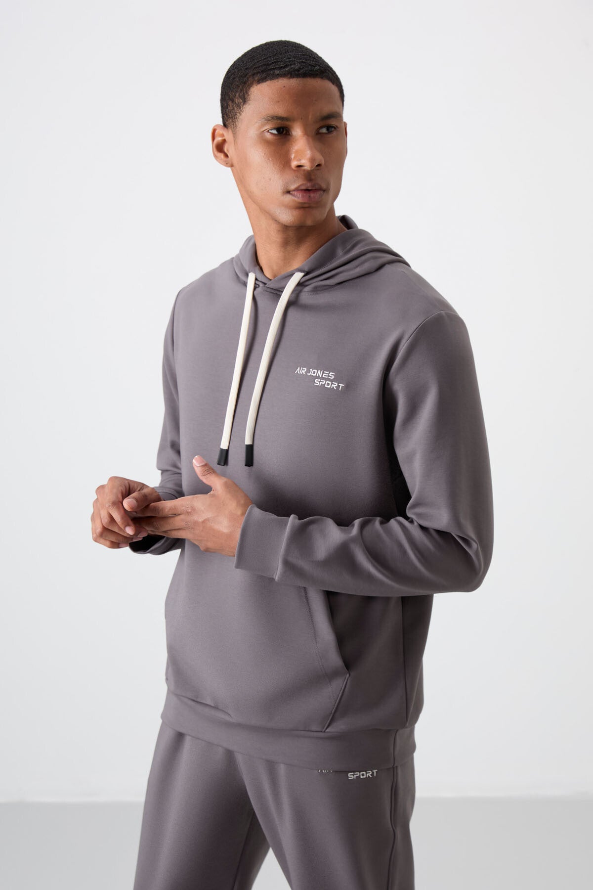 Dark Grey Cotton Thick Soft Textured Comfort Fit Embroidered Men's Tracksuit Set - 85255