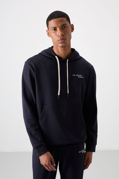 Navy Blue Cotton Thick Soft Textured Comfort Fit Embroidered Men's Tracksuit Set - 85255