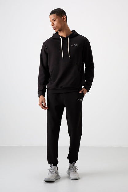 Ecru - Black Cotton Thick Soft Textured Comfort Fit Embroidered Men's Tracksuit Set - 85255